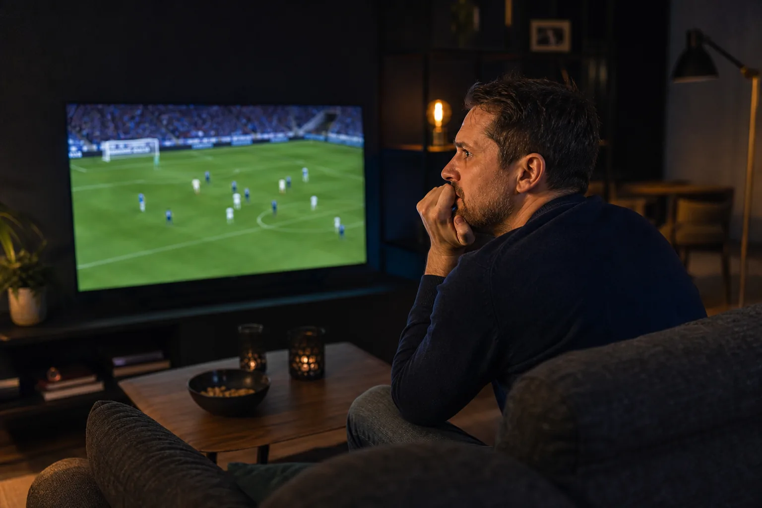 Voetbalfan kijkt thuis naar een generieke wedstrijd waarvan het beeld is vastgelopen