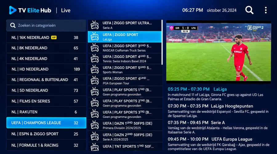 EPG tv-gids in de TV Elite Hub app met programmatijden