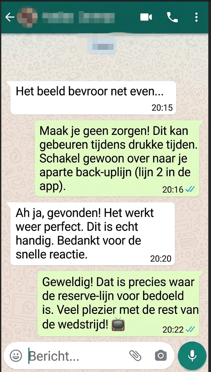 Geanonimiseerd origineel WhatsApp-klantgesprek over hulp bij de reservelijn