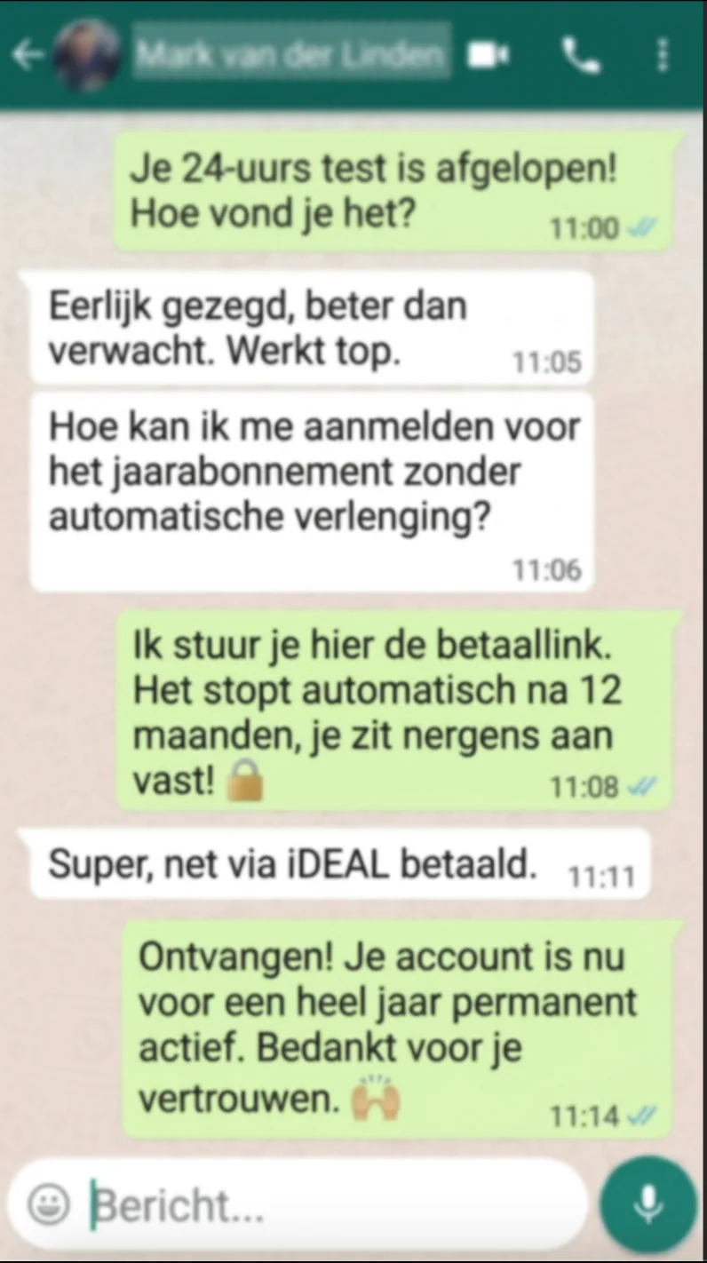 Geanonimiseerd origineel WhatsApp-klantgesprek met een reactie na de gratis test