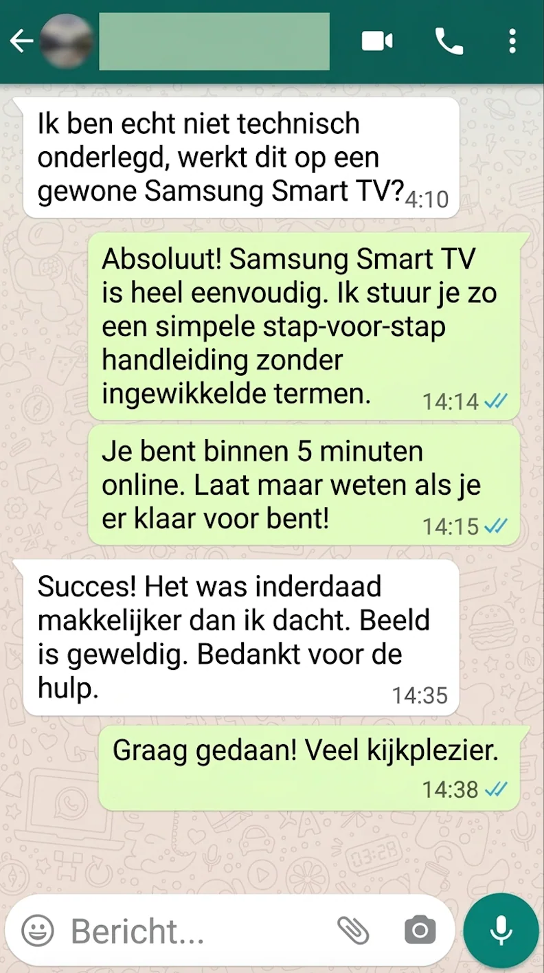Geanonimiseerd origineel WhatsApp-klantgesprek over installatie op een Smart TV