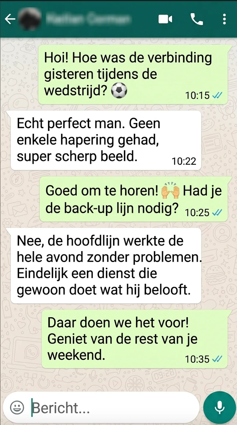 Geanonimiseerd origineel WhatsApp-klantgesprek over de ervaring tijdens een wedstrijd